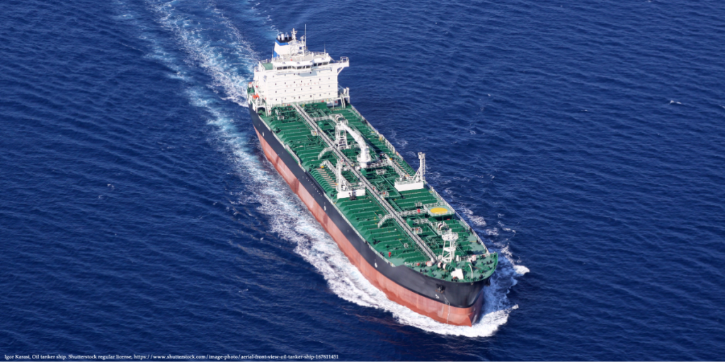 Oil tanker ship at sea sailing through deep blue ocean waters with visible wake trail associated with recent news commentary by Petras Katinas on Russia LNG operations.