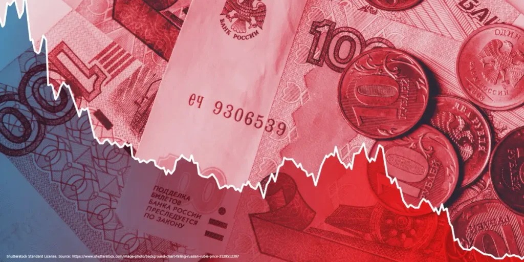 Russian ruble banknotes and coins with a falling financial chart line.