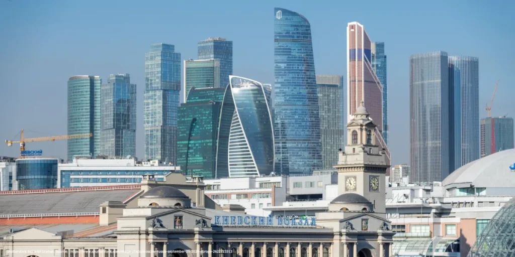 Modern skyscrapers in Moscow’s business district representing Russia’s economic resilience amid sanctions and a war economy.