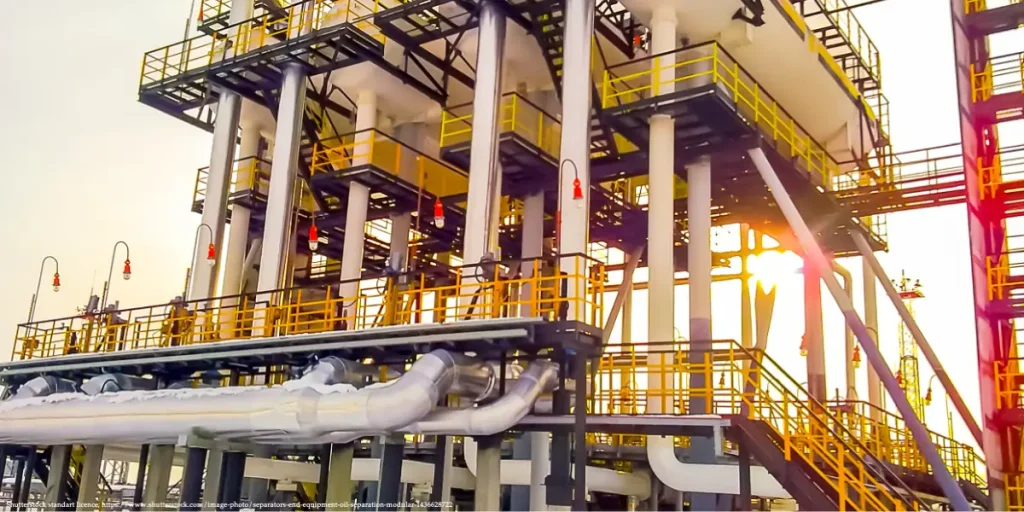 Industrial oil and gas facility at sunrise symbolizing the impact of drone attacks on Russia’s revenues.