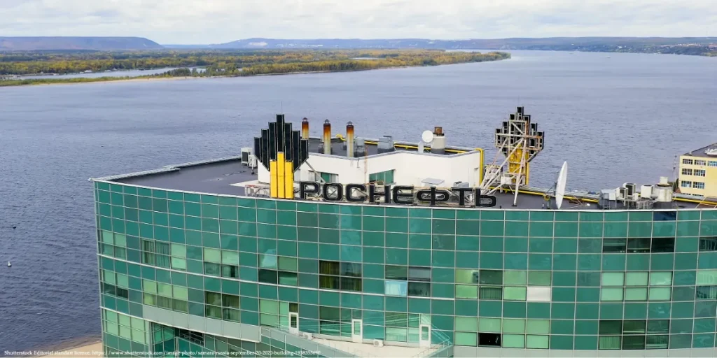 Rosneft headquarters building overlooking a river, representing Russia’s oil industry and its connection to Trump Russia oil sanctions.