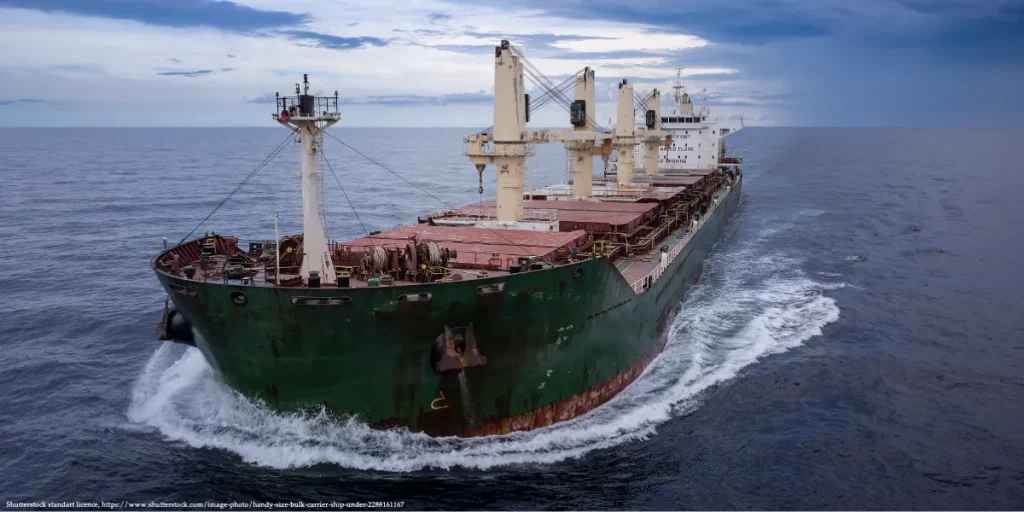 A large cargo ship sailing in open waters, representing Russia’s growing shadow fleet used to bypass international sanctions.