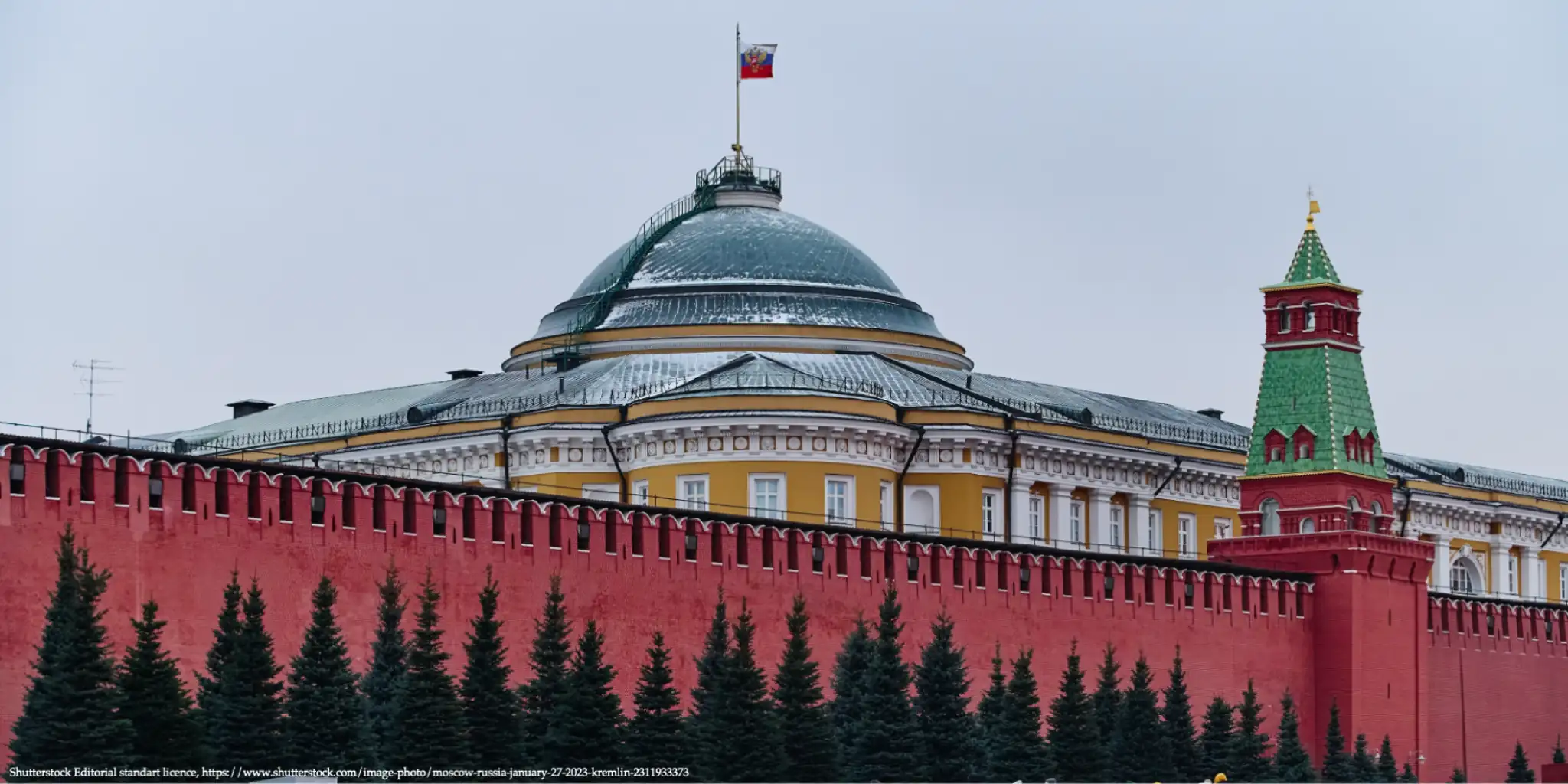 Kremlin building and red wall in Moscow symbolizing Russia profit amid war.